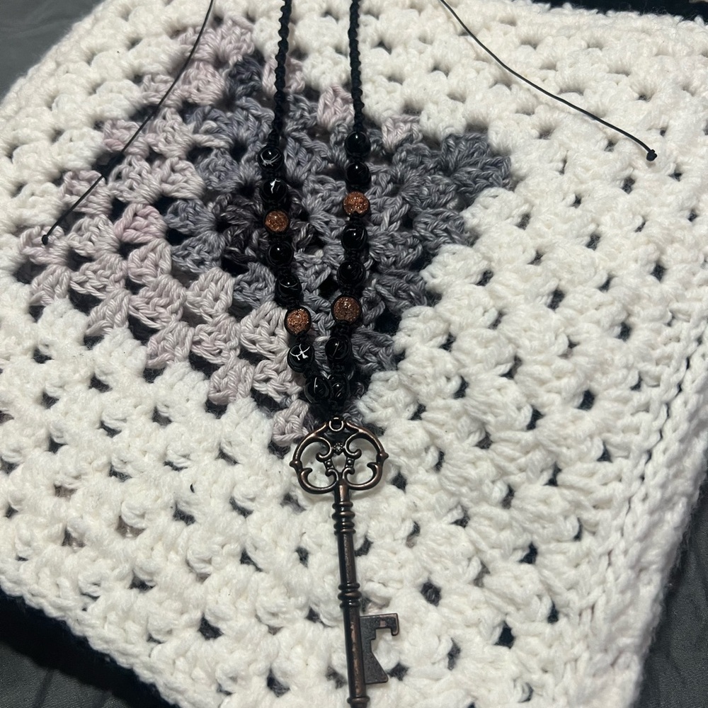 Black and Brown Beaded Necklace with Key Pendant